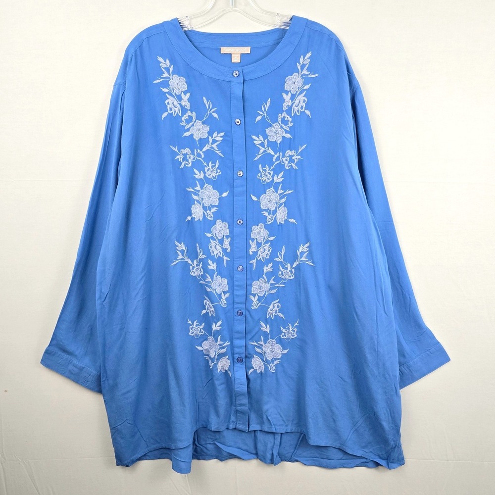 Women Within Long Sleeve Embroidered Front Scoop Neck Women Top Blue New 1X